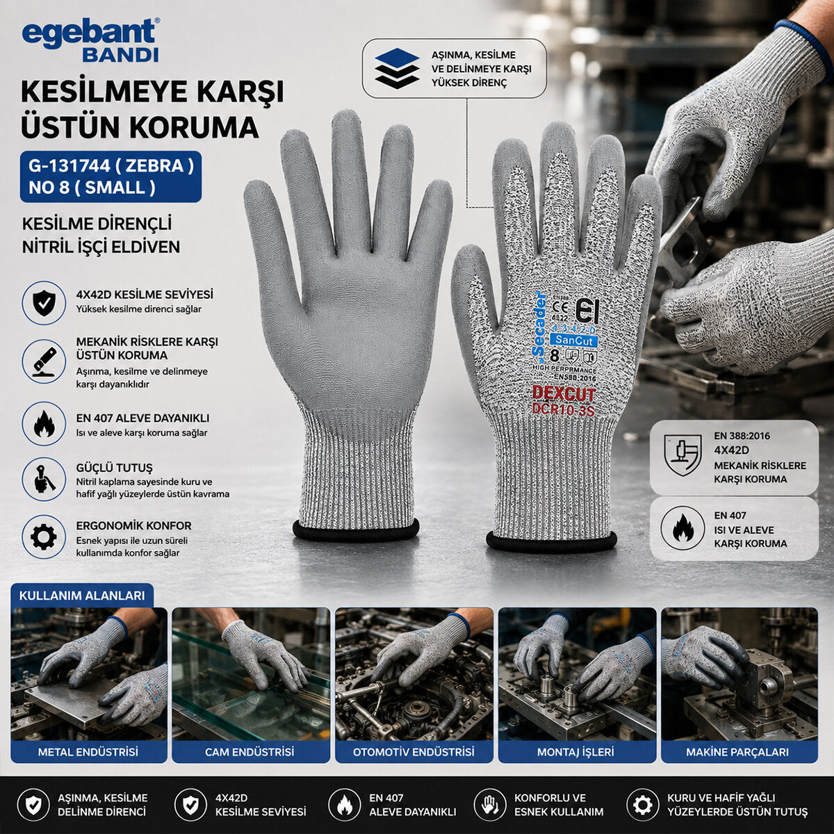 10 ADET ZEBRA NO 8 SMALL KESİLME DİRENÇLİ NİTRİL İŞÇİ ELDİVEN BANDI (4887)