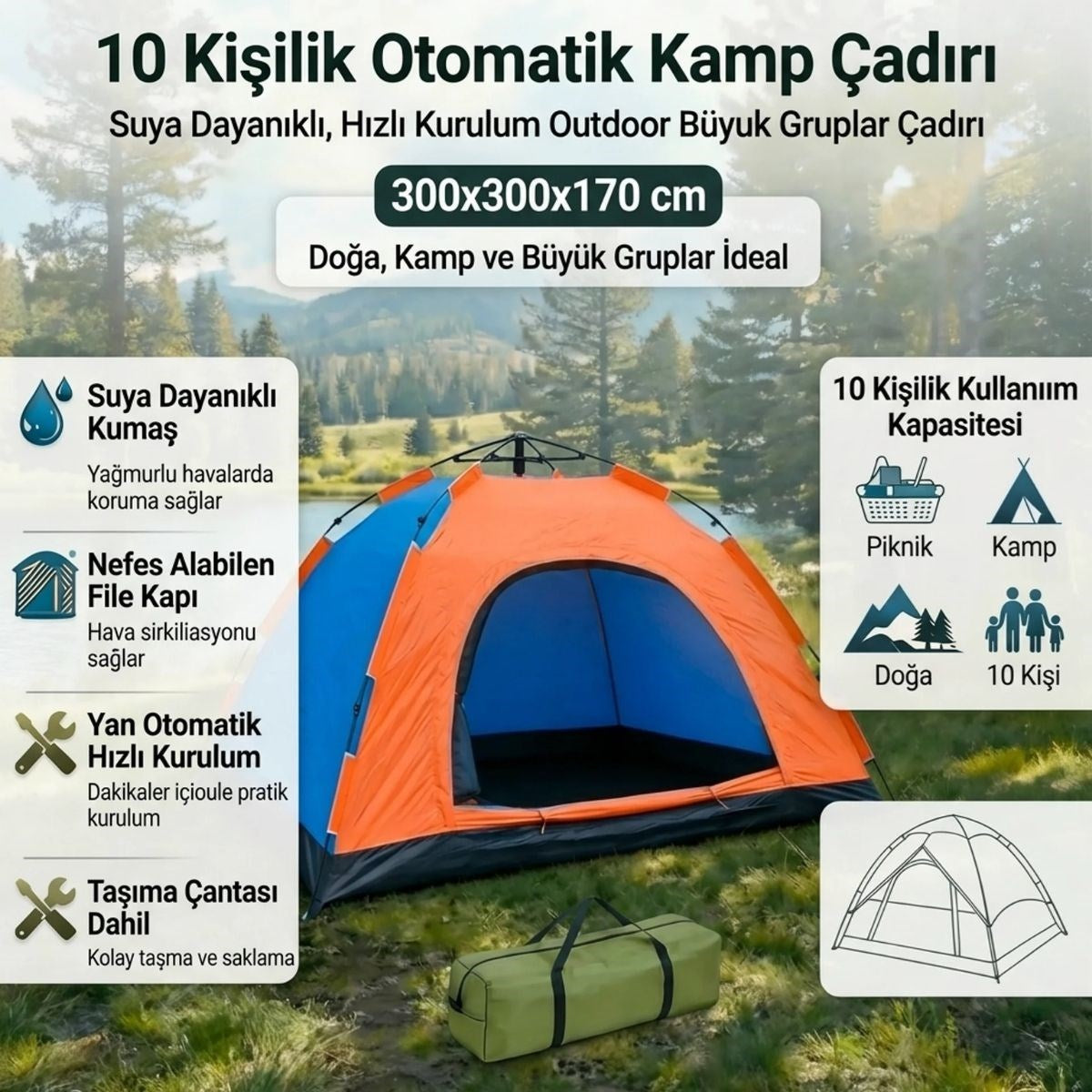10 Kişilik Otomatik Kurulum Kamp Çadırı – Outdoor , Suya Dayanıklı Hızlı Kurulum Piknik ve Doğa İçin Geniş Aile Çadırı 300x300x170 cm (4887)