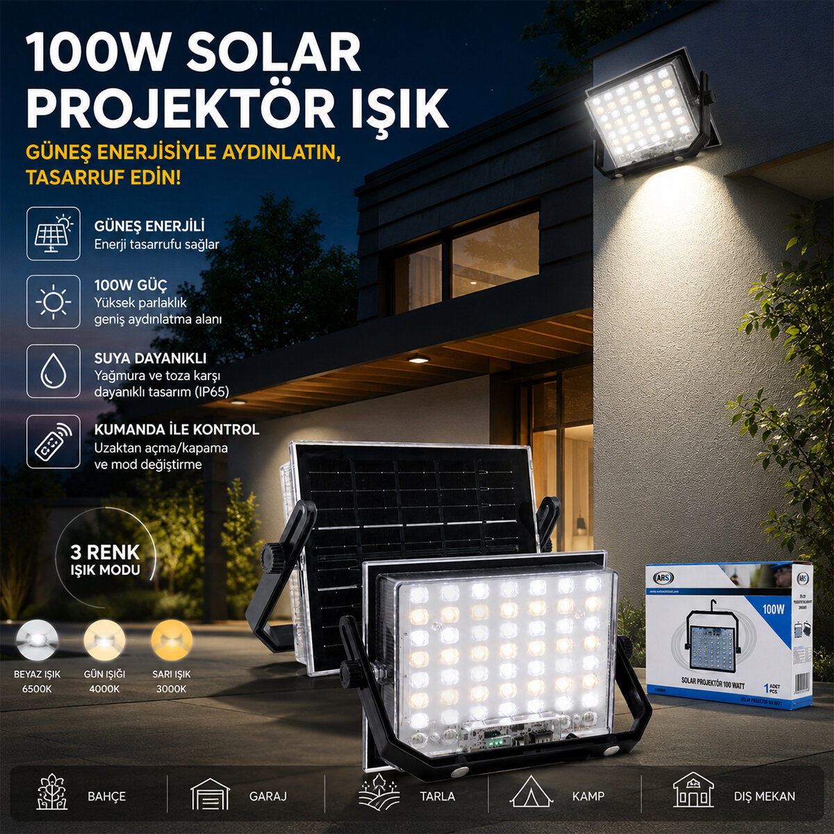 100W GÜNEŞ ENERJİLİ LED IŞIK SOLAR PROJEKTÖR - FENER KAMP - DIŞ MEKAN 3 FARKLI LED IŞIK 348960 LMB (4887)