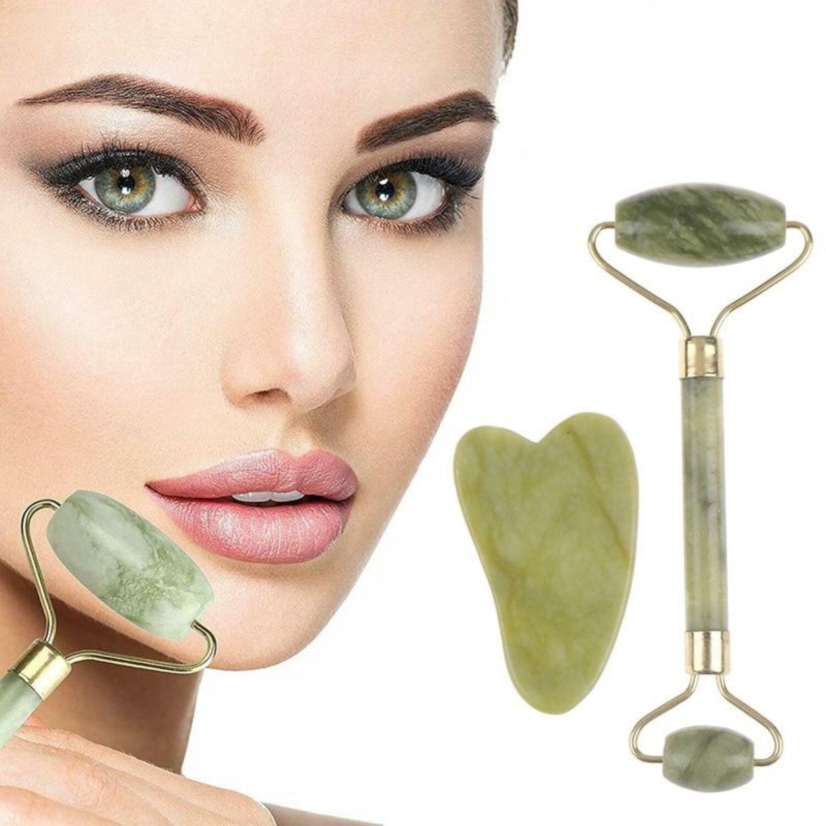 Çift Taraflı 2li Cilt Yüz Masaj Aleti Jade Roller Yeşim Taşı Seti (4887)