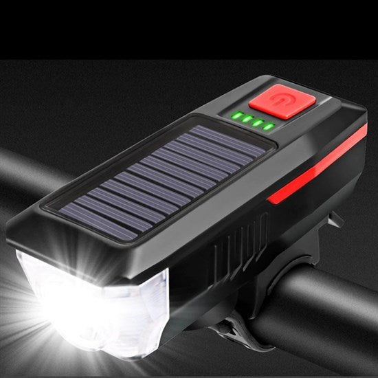 Solar Enerjili USB ile Şarj Edilebilir Ledli Bisiklet Feneri Kornalı ve Su Geçirmez Far (4887)