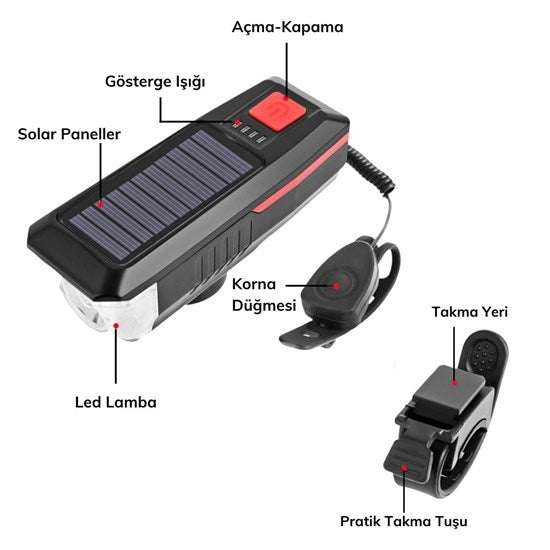 Solar Enerjili USB ile Şarj Edilebilir Ledli Bisiklet Feneri Kornalı ve Su Geçirmez Far (4887)