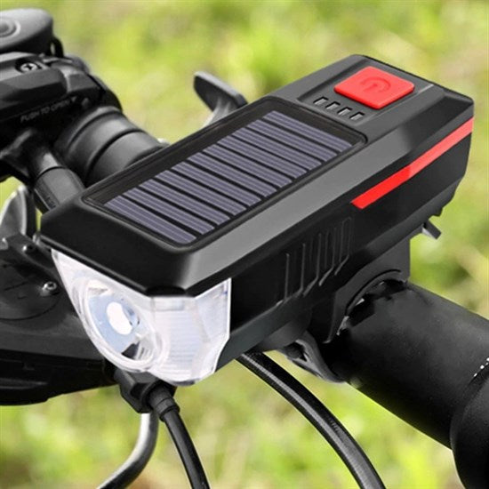 Solar Enerjili USB ile Şarj Edilebilir Ledli Bisiklet Feneri Kornalı ve Su Geçirmez Far (4887)