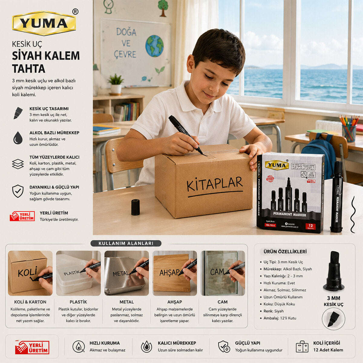 12 ADET SİYAH TAHTA KALEM KESİK UÇ 3MM (4887)