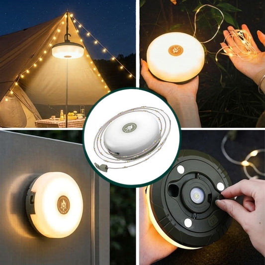 2’si 1 Arada 5 Farklı Işık Modlu Gün Işığı Şarjlı Kamp Lambası ve Makaralı 10 Metre Peri LED Işık – Su Geçirmez Mıknatıslı Aydınlatma Feneri (4887)
