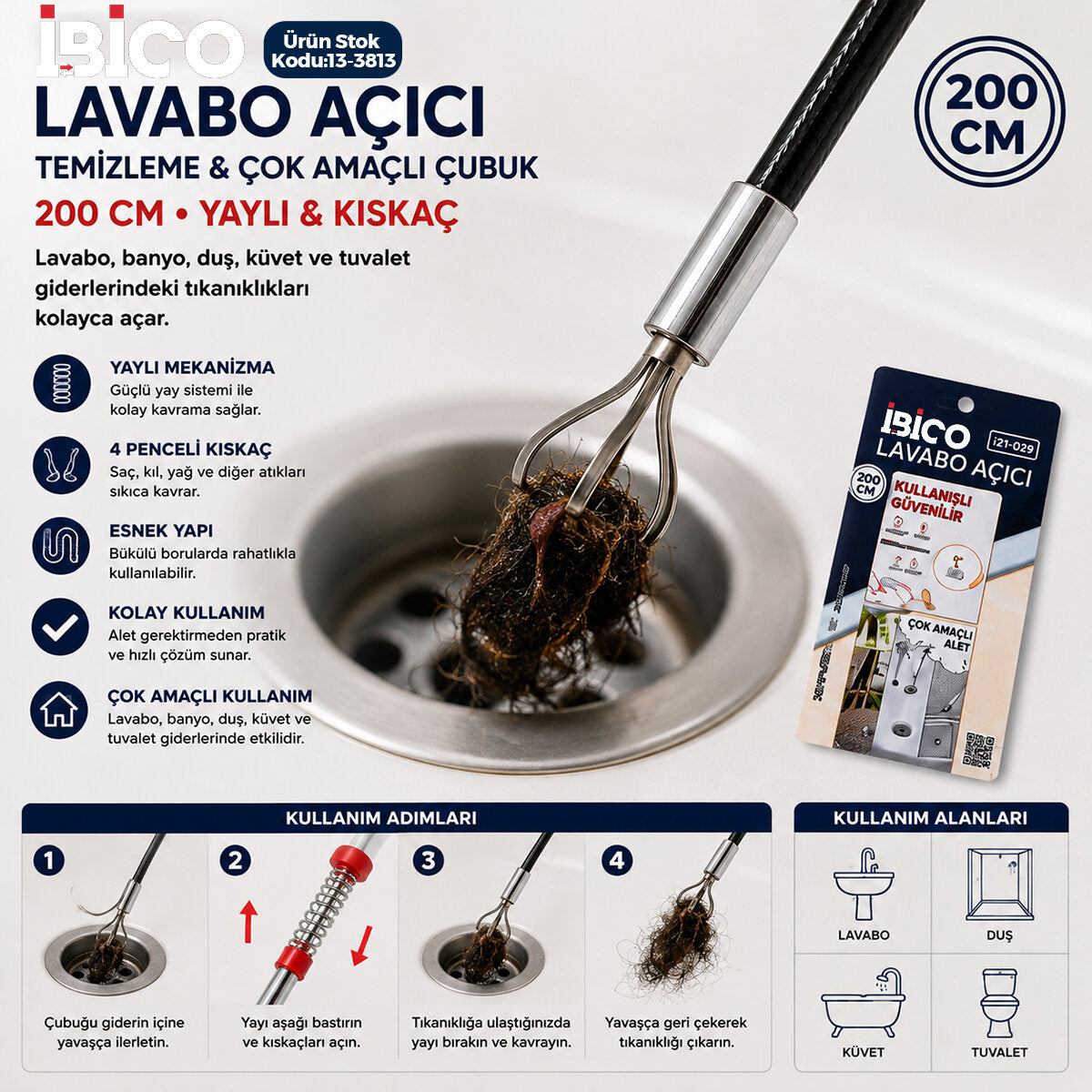 200CM YAYLI - KISKAÇ LAVABO - GİDER VB.TEMİZLEME - ÇOK AMAÇLI ÇUBUK (4887)