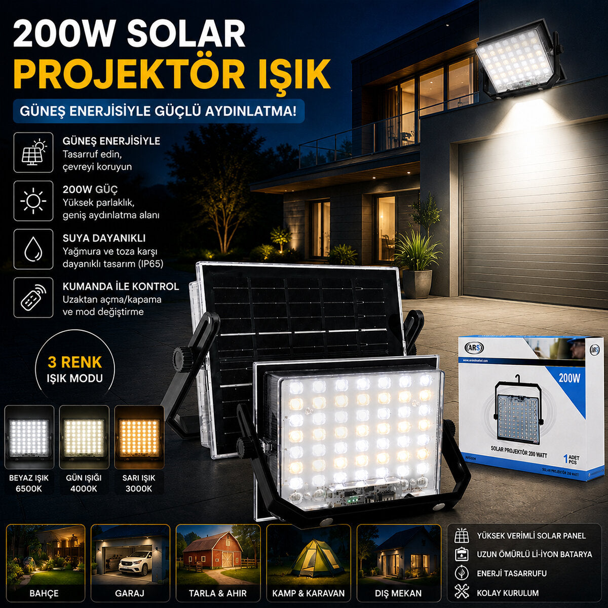 200W GÜNEŞ ENERJİLİ LED IŞIK SOLAR PROJEKTÖR - FENER KAMP - DIŞ MEKAN 3 FARKLI LED IŞIK 348961 LMB (4887)