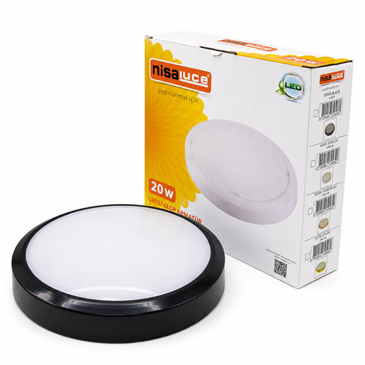 20W SİYAH METAL KASA SIVA ÜSTÜ YUVARLAK LEDLİ GLOP ARMATÜR IP20 6500K - 1800Lm E1212/S (4887)