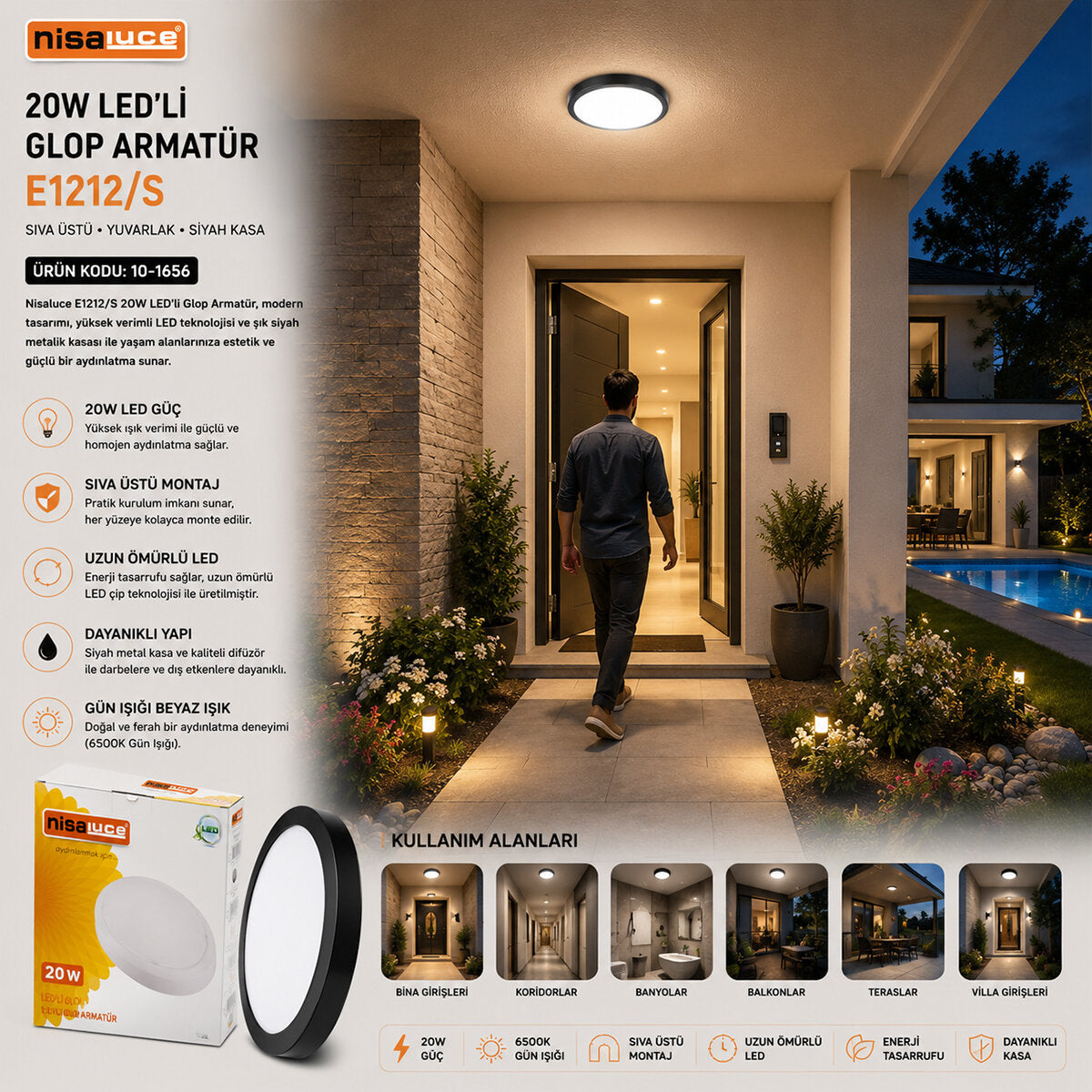 20W SİYAH METAL KASA SIVA ÜSTÜ YUVARLAK LEDLİ GLOP ARMATÜR IP20 6500K - 1800Lm E1212/S (4887)