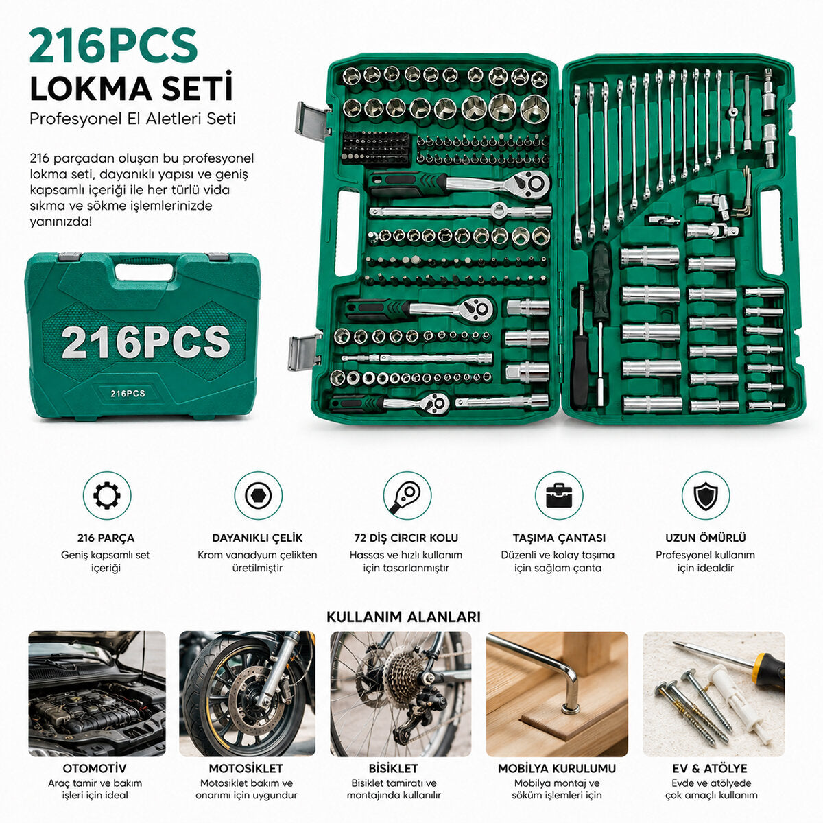216PCS LOKMA SETİ LOKMA - SOKET - BİTS ADAPTÖR - 3AD.CIRCIR KOLU PLASTİK ÇANTALI (4887)