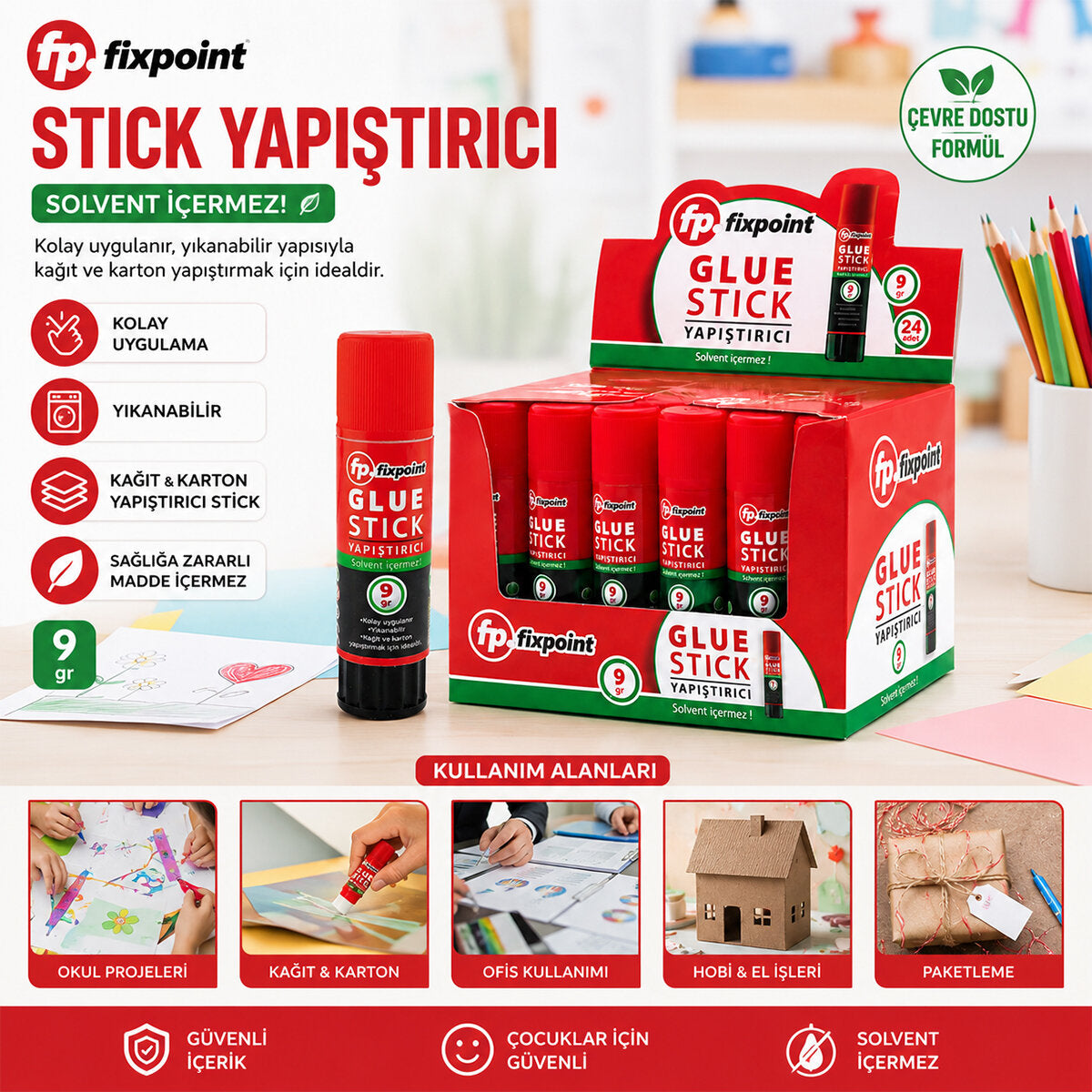 24 ADET 9GR STICK YAPIŞTIRICI SOLVENT İÇERMEZ YIKANABİLİR KOLAY UYGULAMA KAĞIT - KARTON YAPIŞTIRICI STİCK (4887)