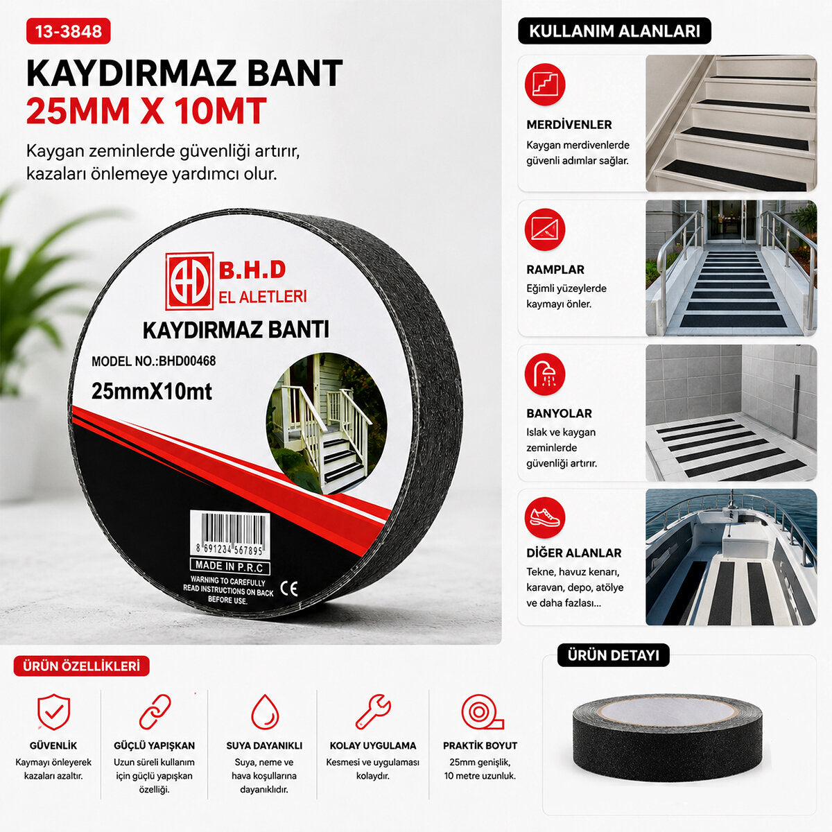 25MM X 10MT KAYDIRMAZ SİYAH BANT (4887)