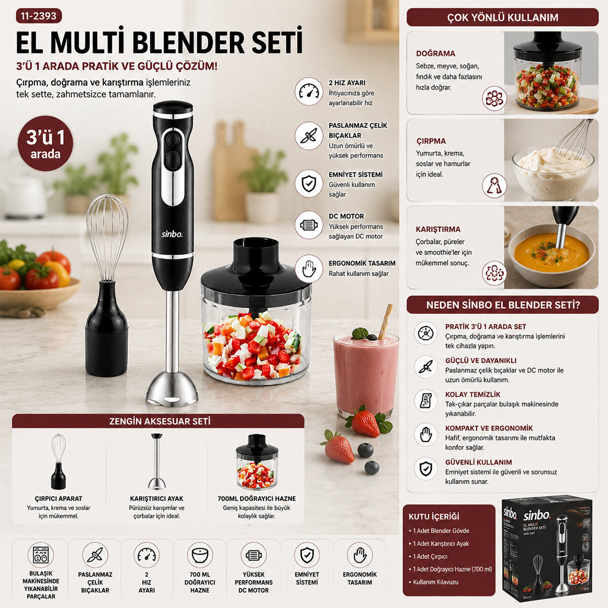 2HIZ AYAR - PASLANMAZ ÇELİK BIÇAK EL MULTİ BLENDER SETİ 700ML HAZNELİ SHB-7529 (4887)