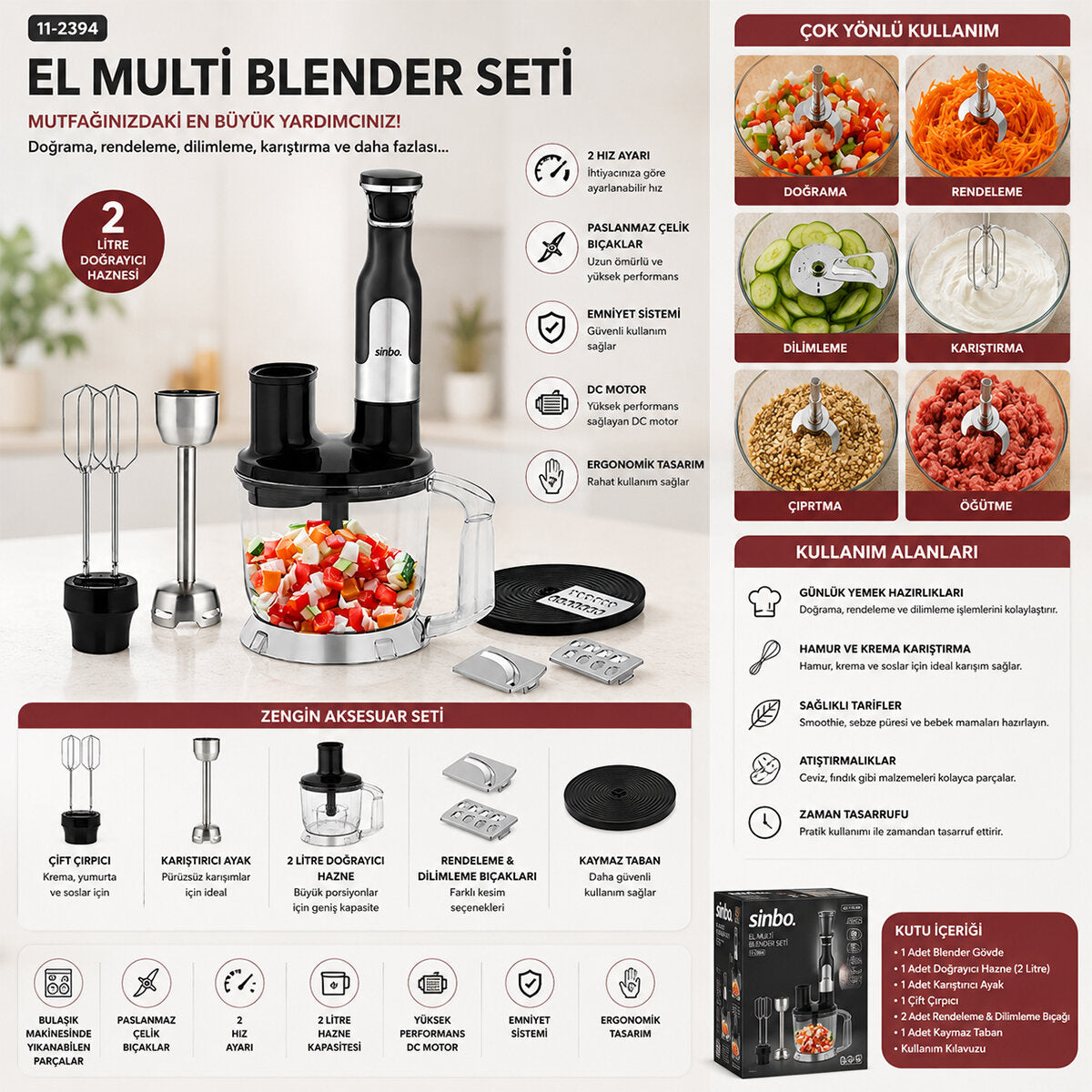 2HIZ AYAR - PASLANMAZ ÇELİK BIÇAK EL MULTİ BLENDER SETİ 2 LT HAZNELİ SHB-7534 (4887)