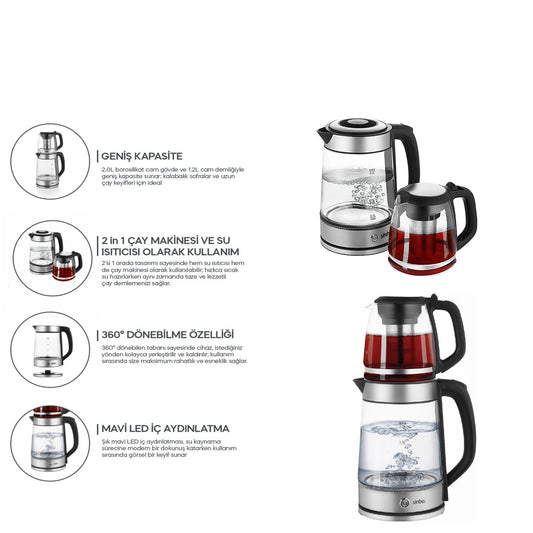 2İN1= ÇAYCI - KETTLE ÇELİK ELEKTRİKLİ ÇAY MAKİNESİ 2LT + 1,2LT ÇAY SÜZGEÇLİ 360° DÖNEBİLİR STM-5990 (4887)
