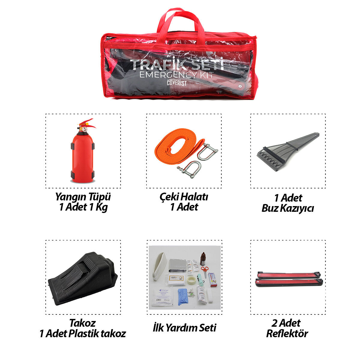 2Lİ SET 4 GEN ÇANTA 7PCS + 38PCS OTO TRAFİK SETİ + İLK YARDIM SETİ YANGIN TÜPÜ=1KG 2PCS REFLEKTÖR BEZ KEMER ÇEKME HALAT=2.9MT ARAÇ TAKOZ BUZ KAZIMA SET ÇANTASI (4887)