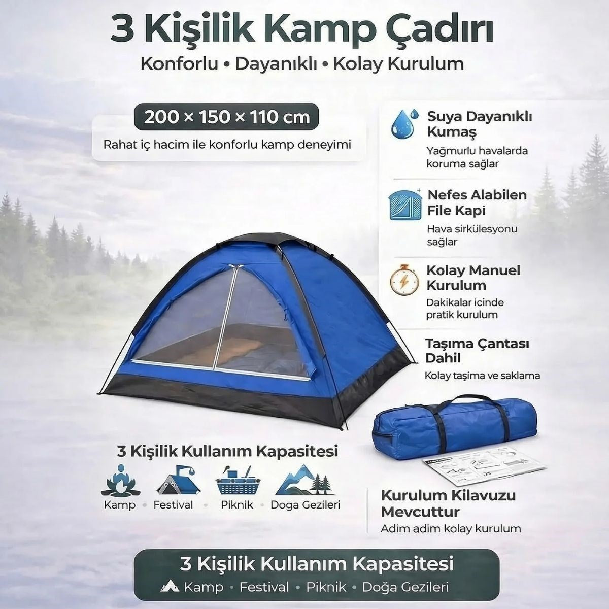 3 Kişilik Manuel Kamp Çadırı – Düz Kapılı Outdoor Aile, Doğa, Piknik ve Kamp Çadırı 200x150x110 cm (4887)