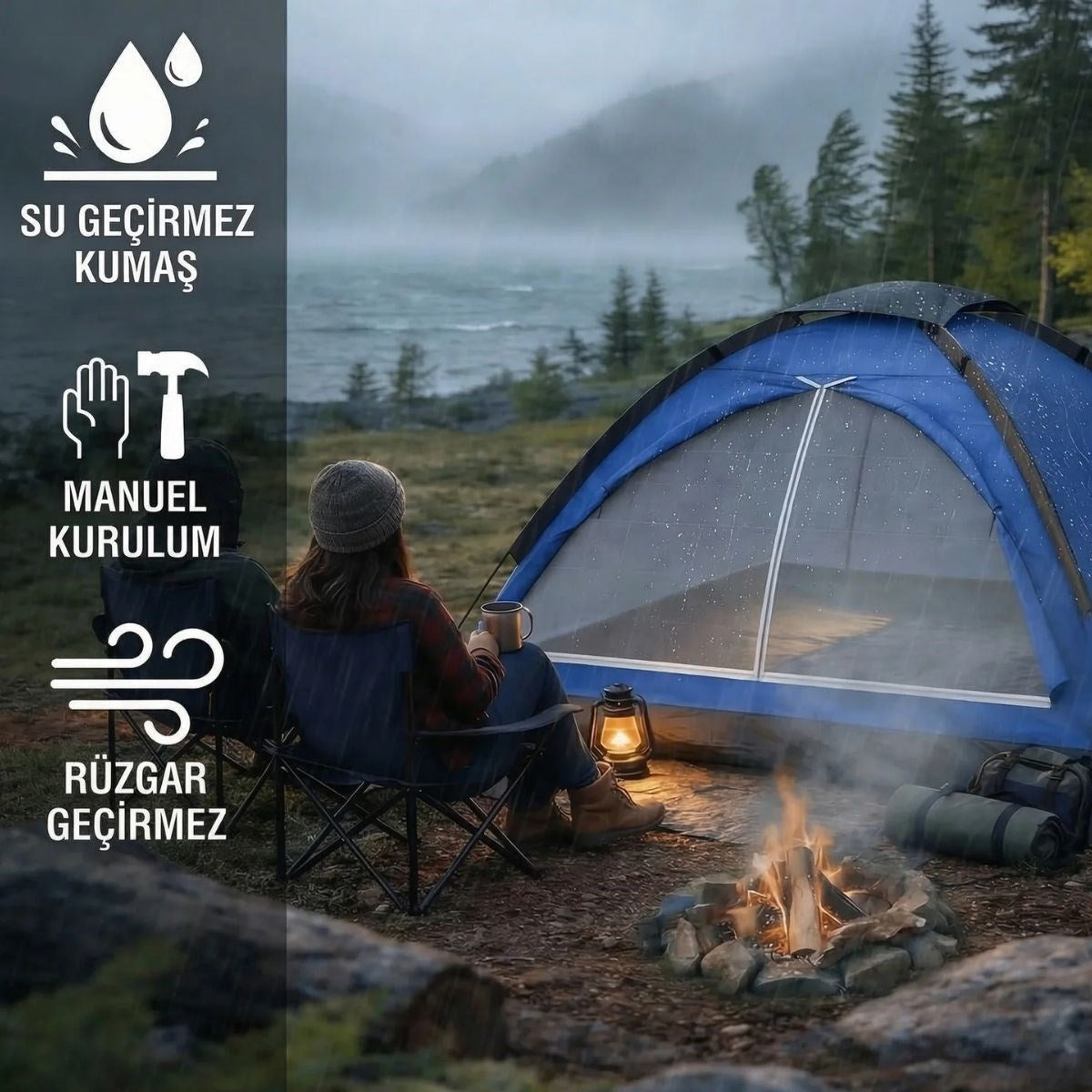 3 Kişilik Manuel Kamp Çadırı – Düz Kapılı Outdoor Aile, Doğa, Piknik ve Kamp Çadırı 200x150x110 cm (4887)