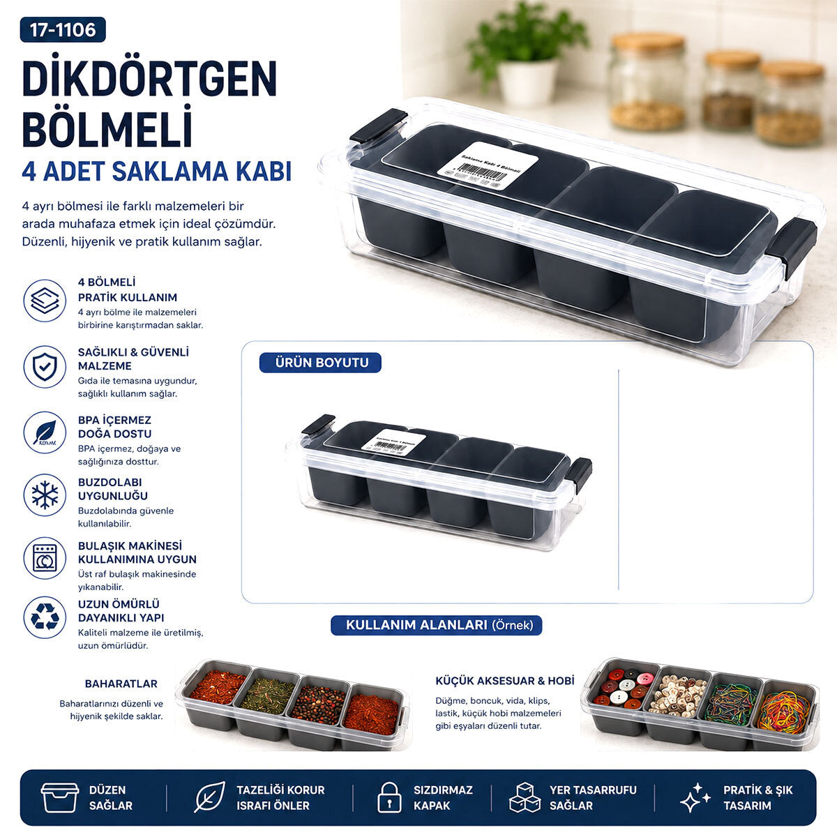 35X7CM ŞEFFAF KUTU - SİYAH BÖLME DİKDÖRTGEN BÖLMELİ SAKLAMA KAB (4887)