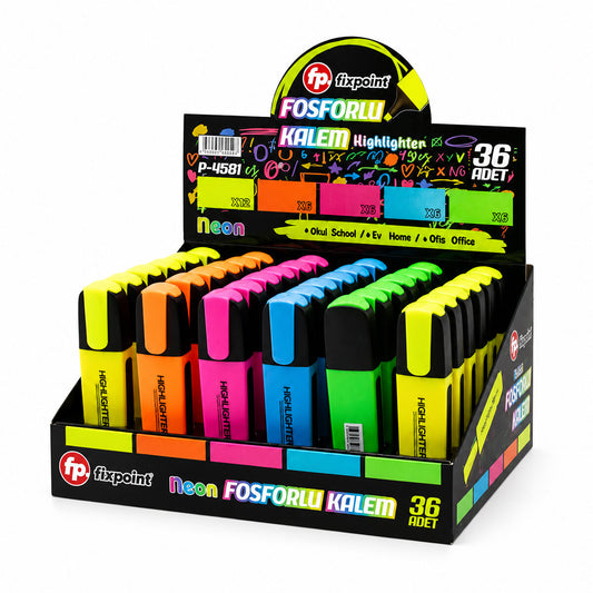 36 ADET NEON FOSFORLU KALEM - STANDLIDIR İÇİNDE 12 - SARI - 6 - TURUNCU - 6 - PEMBE - 6 - MAVİ - 6 - YEŞİL (4887)