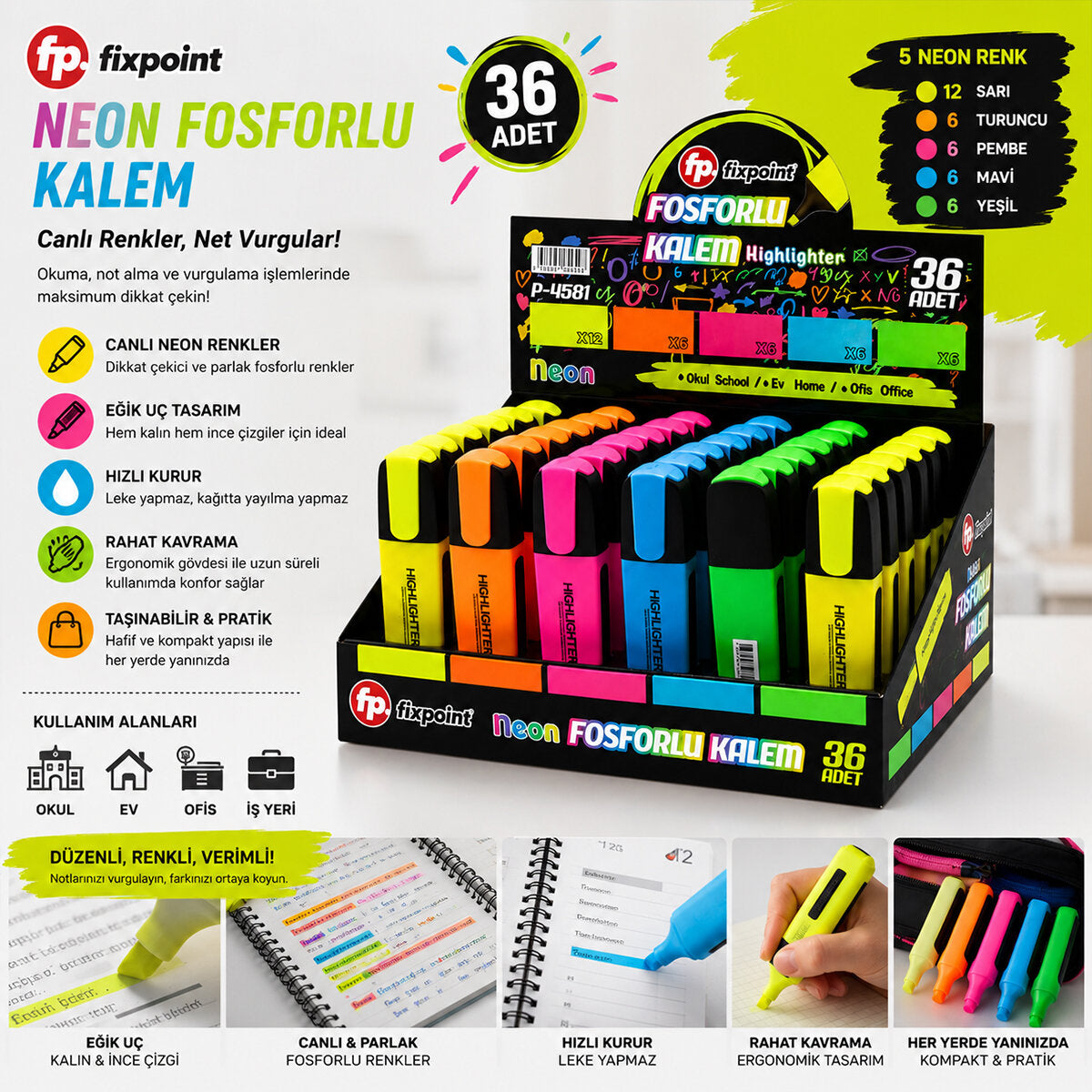 36 ADET NEON FOSFORLU KALEM - STANDLIDIR İÇİNDE 12 - SARI - 6 - TURUNCU - 6 - PEMBE - 6 - MAVİ - 6 - YEŞİL (4887)