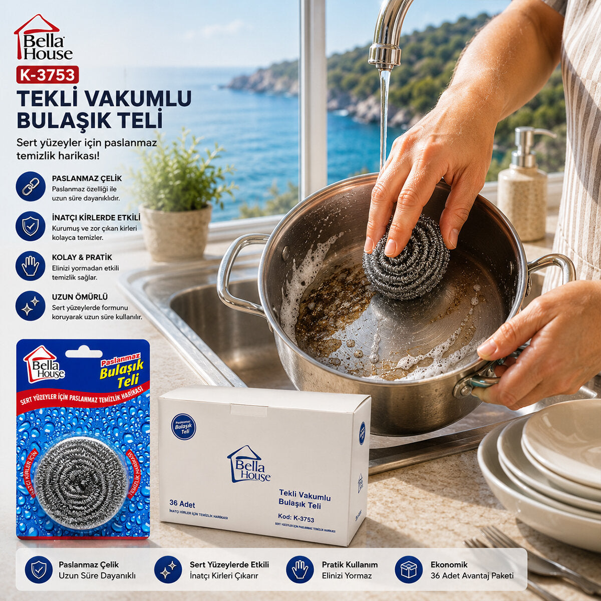 36 ADET VAKUMLU BULAŞIK TELİ TEKLİ PASLANMAZ 15GR (4887)