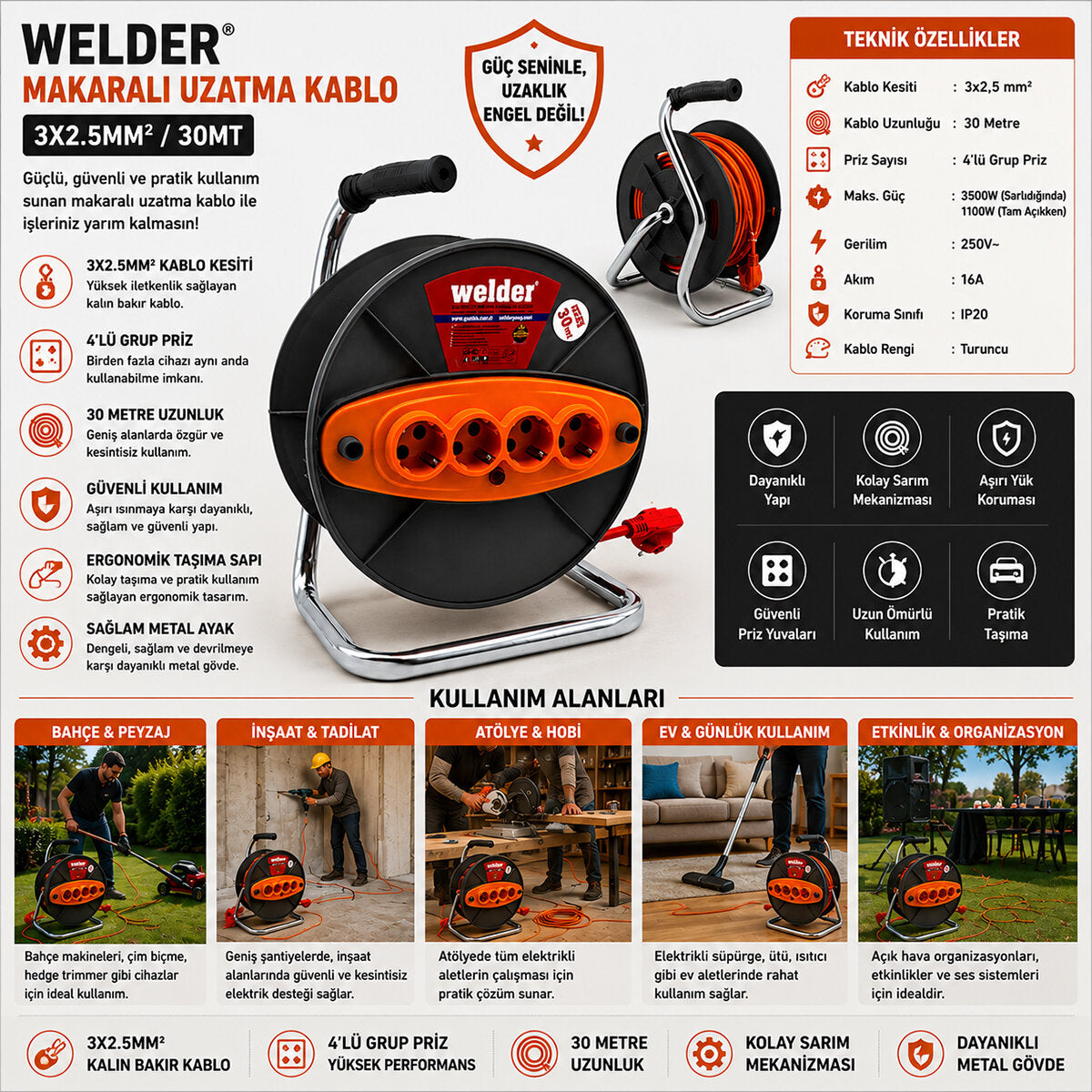 3X2.5MM 30MT MAKARALI UZATMA KABLO CT WELDER (4887)