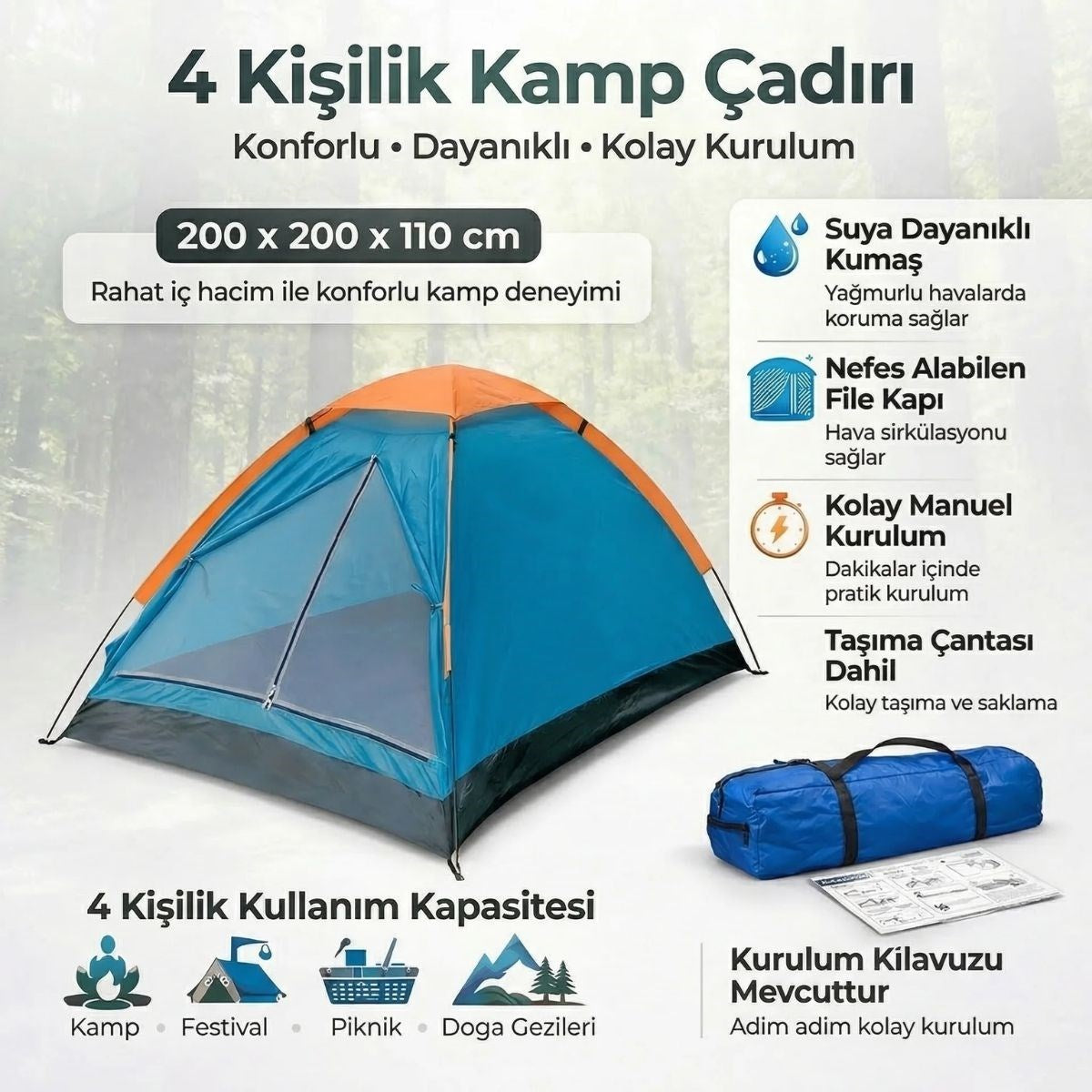 4 Kişilik Kamp Çadırı Manuel Kurulum Düz Kapılı Outdoor Dayanıklı Kamp Doğa Çadırı 200 x 200 x 110 cm (4887)