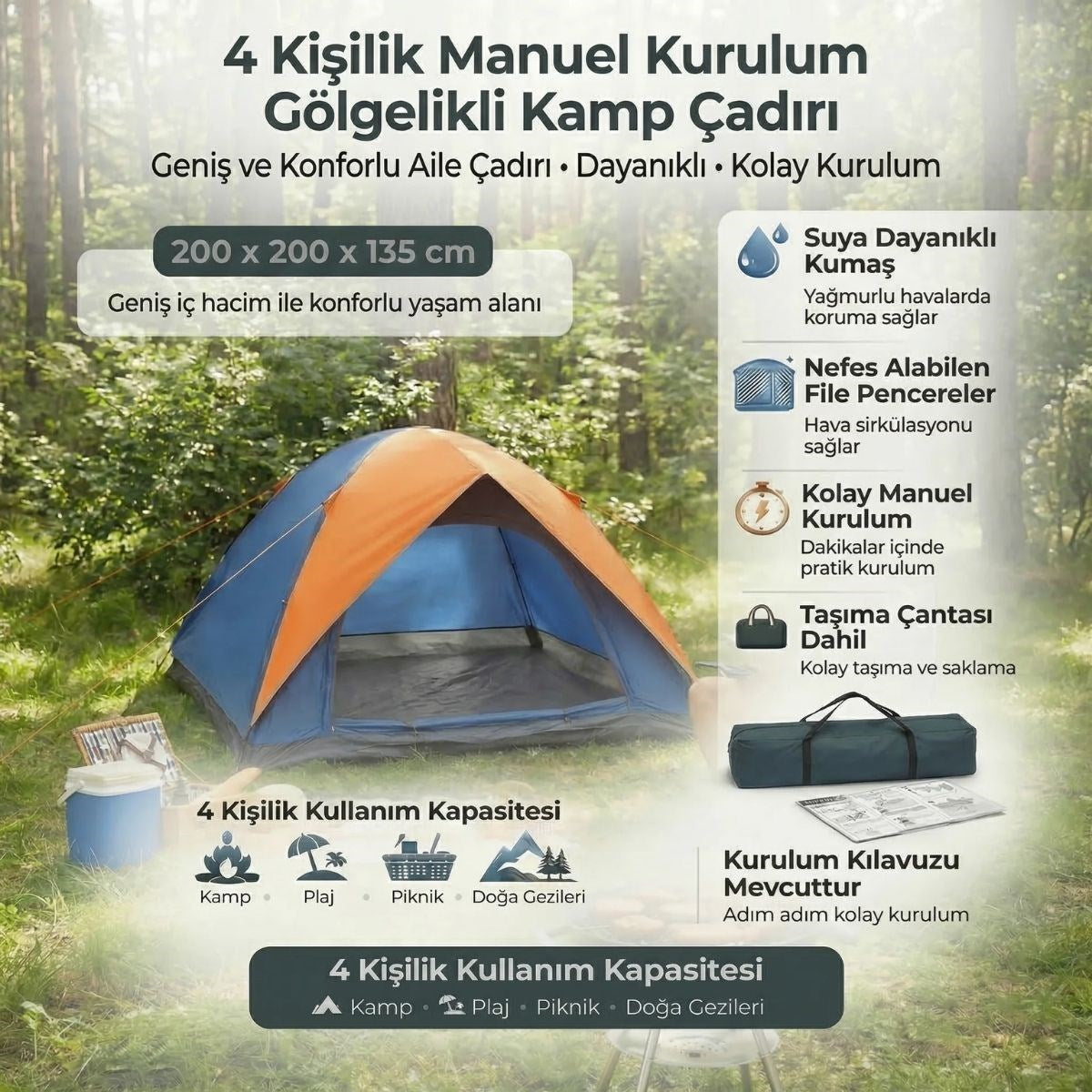 4 Kişilik Manuel Kurulum Gölgelikli Kamp Çadırı – Aile, Doğa, Piknik ve Outdoor 200x200x135 cm (4887)