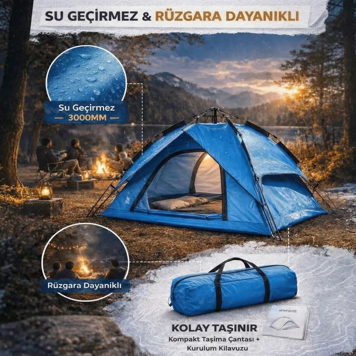 4 Kişilik Otomatik Kamp Çadırı – Çift Katmanlı, Suya Dayanıklı, Hızlı Kurulum Outdoor Aile ve Doğa Çadırı 200x200x140 cm (4887)