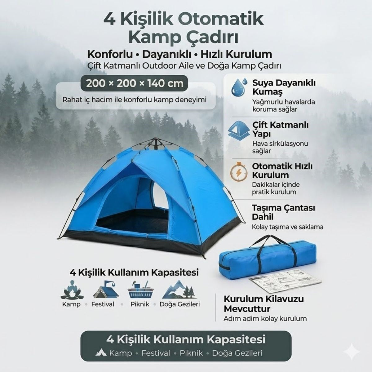 4 Kişilik Otomatik Kamp Çadırı – Çift Katmanlı, Suya Dayanıklı, Hızlı Kurulum Outdoor Aile ve Doğa Çadırı 200x200x140 cm (4887)