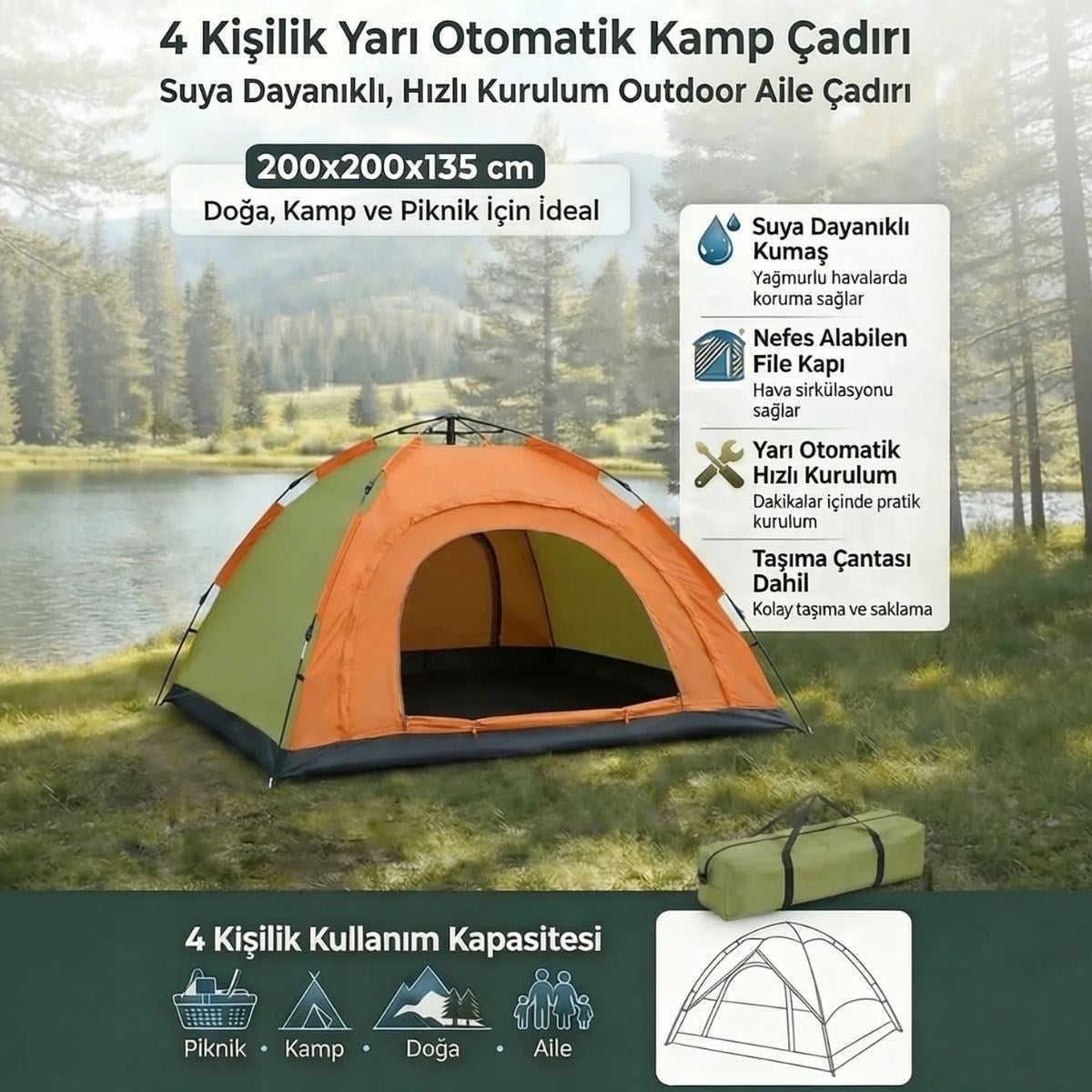 4 Kişilik Yarı Otomatik Kamp Çadırı – Suya Dayanıklı, Hızlı Kurulumlu Outdoor Aile Çadırı, Doğa, Kamp ve Piknik 200x200x135 cm (4887)