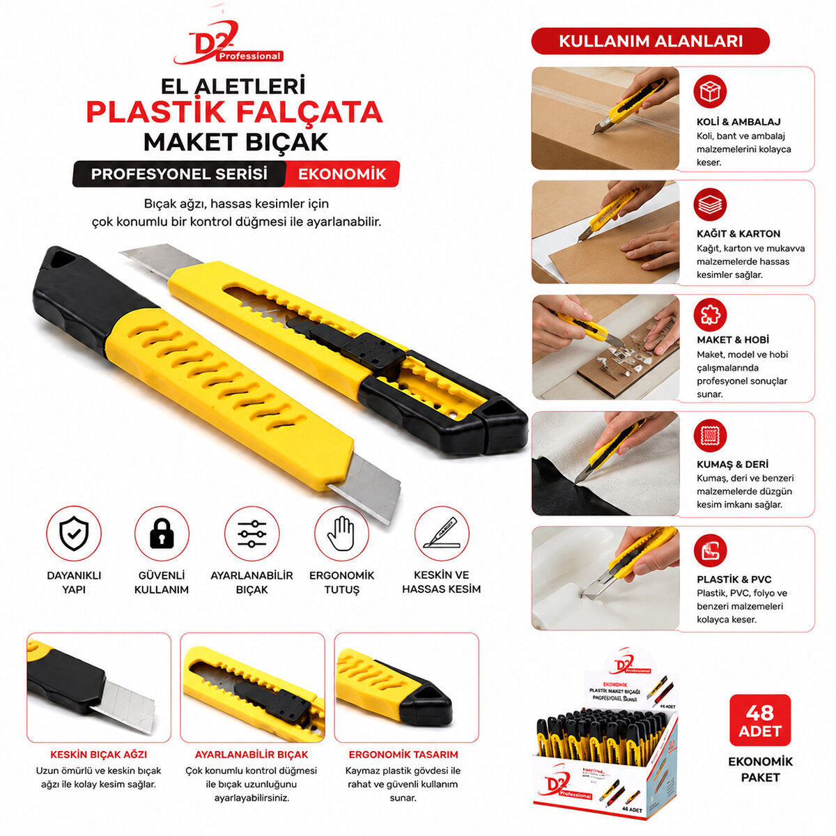 48 ADET EKO PLASTİK FALÇATA MAKET BIÇAK SARI (4887)