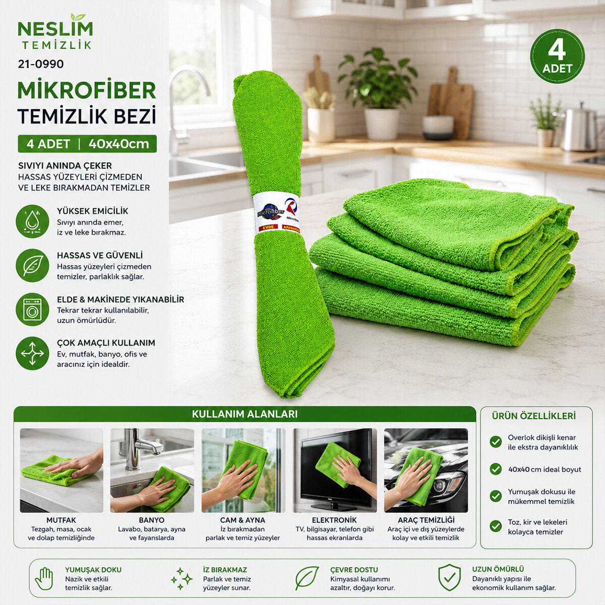 4PCS DÜRÜM - YUVARLAK SARIM 30x30CM MİKROFİBER TEMİZLİK BEZİ (4887)