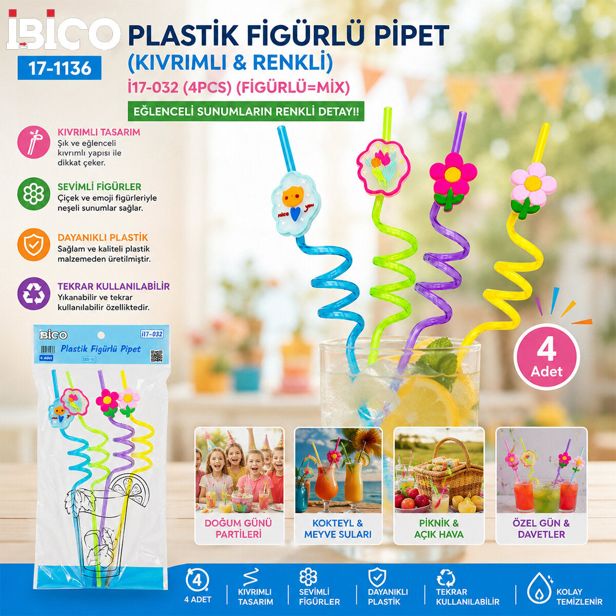 4PCS KIVRIMLI - RENKLİ PLASTİK PİPET FİGÜRLÜ=MİX (4887)