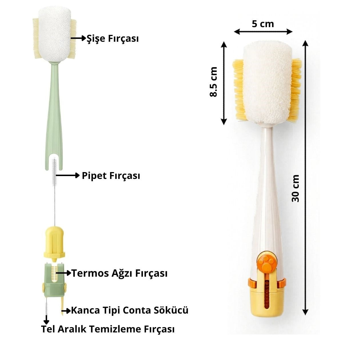 5’i 1 Arada Çok Amaçlı Şişe Temizleme Fırçası – Sürahi, Kavanoz, Pipet, Kapak, Emzik ve Biberon Temizlik Seti (4887)