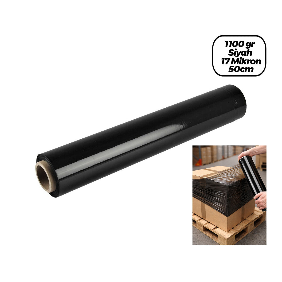 6 ADET BRÜT:1100GR = NET STREÇ :600GR SİYAH KOLİ - PALET STREÇ FİLM 17 MİKRON 50CM (4887)