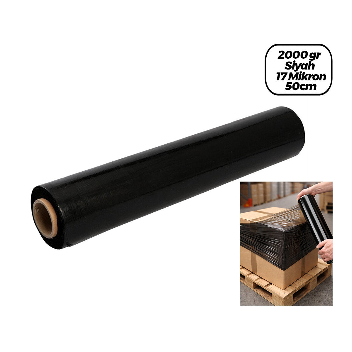 6 ADET BRÜT: 2000GR = NET STREÇ: 1500GR SİYAH KOLİ - PALET STREÇ FİLM 17 MİKRON 50CM (4887)