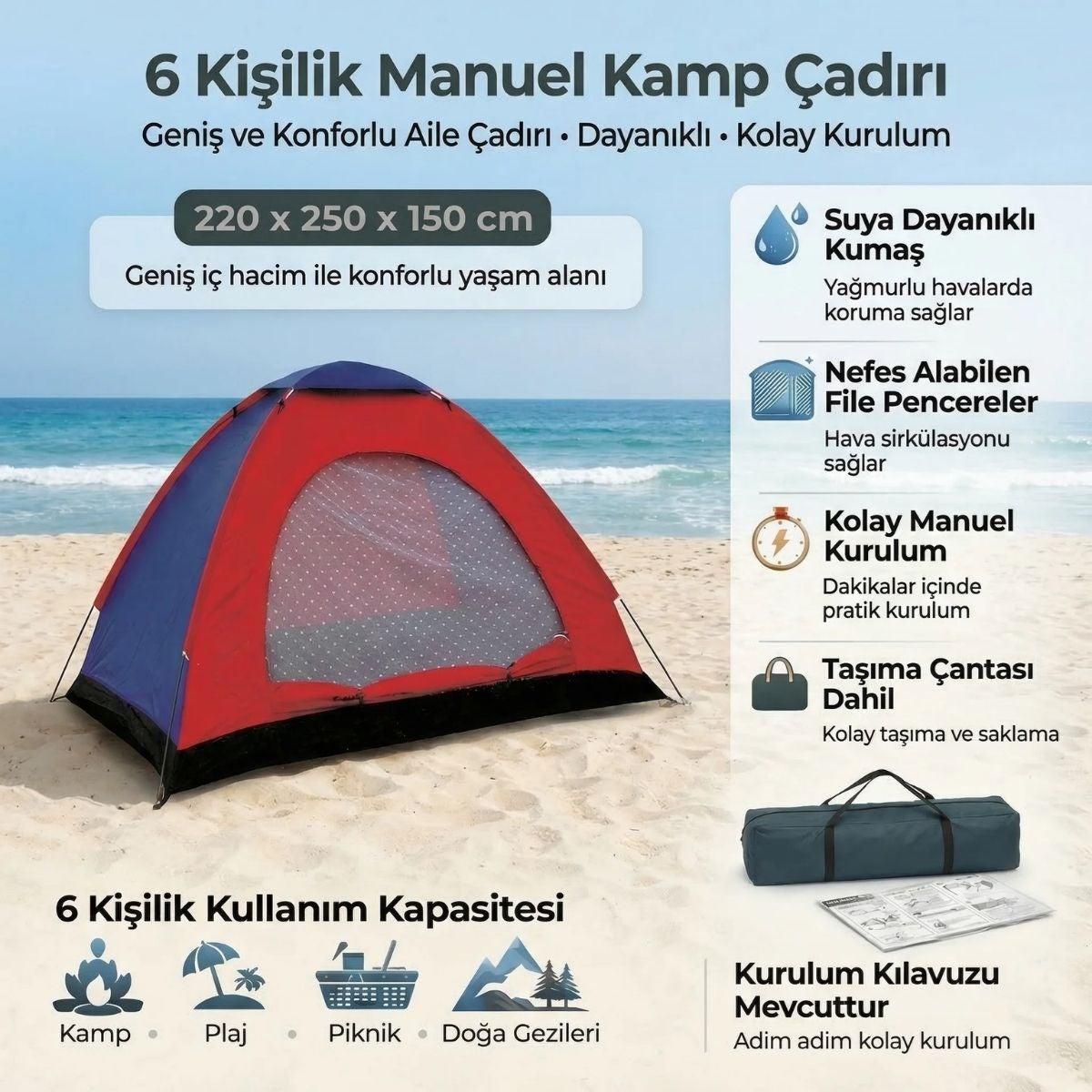 6 Kişilik Manuel Kurulum Kamp Çadırı – Aile, Doğa, Piknik ve Outdoor Kamp Çadırı 220x250x150 cm (4887)