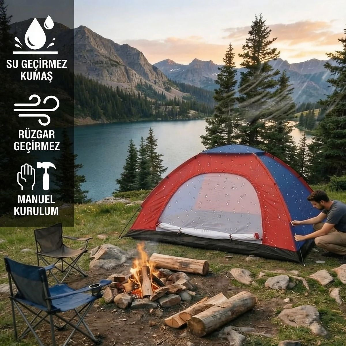 6 Kişilik Manuel Kurulum Kamp Çadırı – Aile, Doğa, Piknik ve Outdoor Kamp Çadırı 220x250x150 cm (4887)