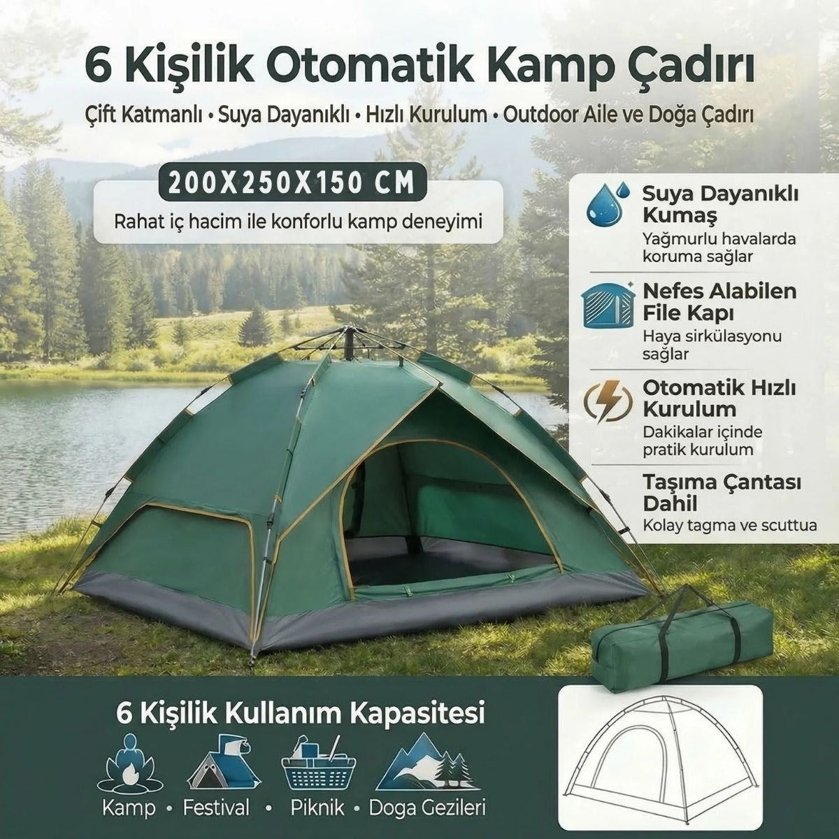6 Kişilik Otomatik Kamp Çadırı – Çift Katmanlı, Suya Dayanıklı, Hızlı Kurulum Outdoor Aile ve Doğa Çadırı 200x250x150 cm (4887)