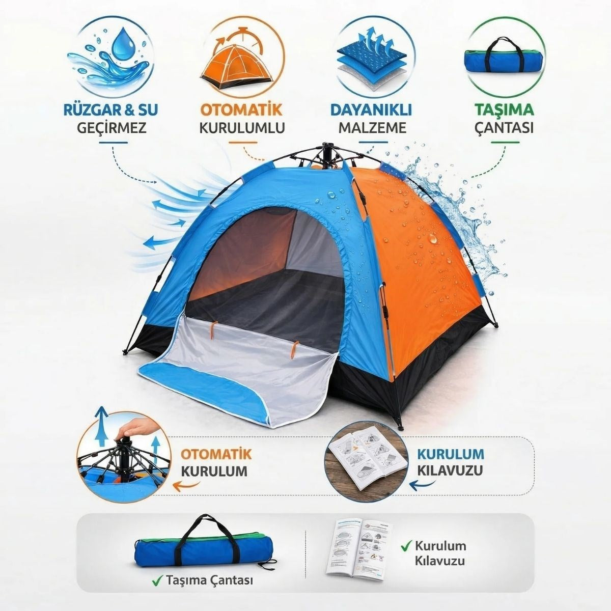 6 Kişilik Otomatik Kurulum Kamp Çadırı – Outdoor Aile, Doğa, Suya Dayanıklı Hızlı Kurulum Çadır 220x250x160 cm (4887)