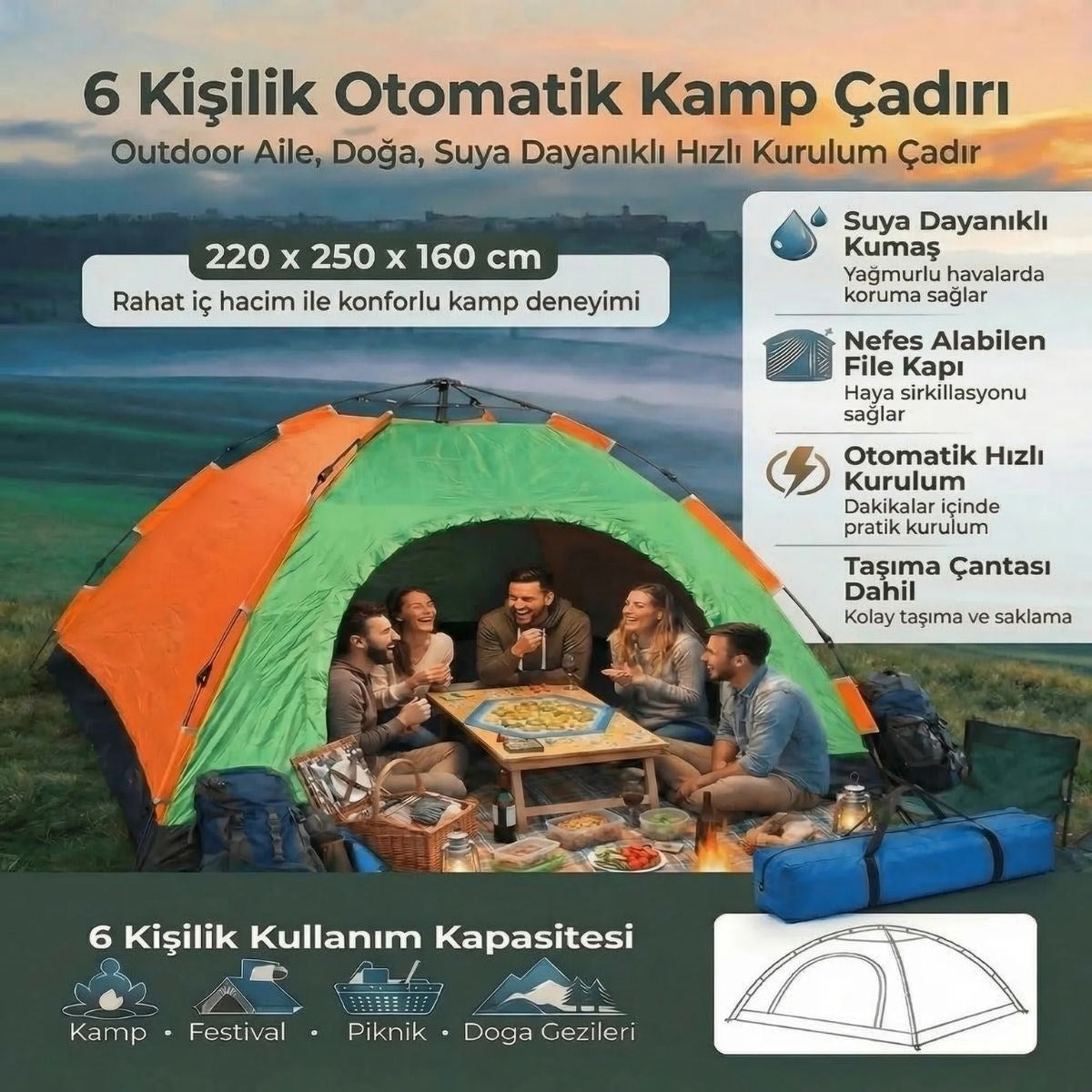 6 Kişilik Otomatik Kurulum Kamp Çadırı – Outdoor Aile, Doğa, Suya Dayanıklı Hızlı Kurulum Çadır 220x250x160 cm (4887)