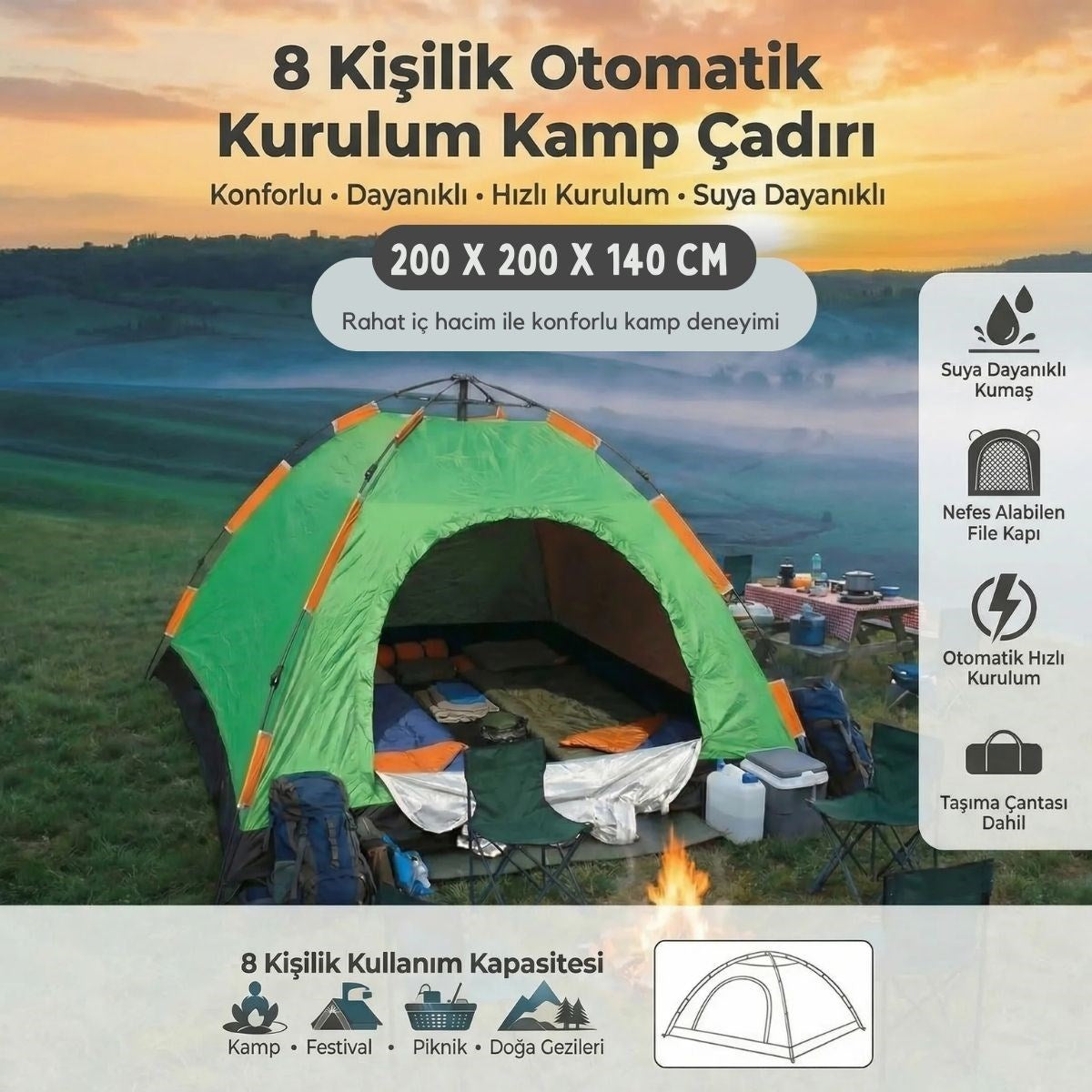 8 Kişilik Otomatik Kurulum Kamp Çadırı – Outdoor , Suya Dayanıklı Hızlı Kurulum Piknik ve Doğa İçin Geniş Aile Çadırı 250x250x165 cm (4887)
