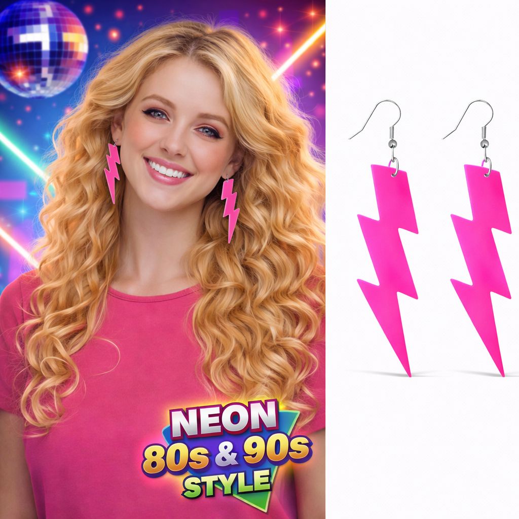 80’ler 90'lar Retro Neon Pembe Şimşek Küpe 10 cm (4887)