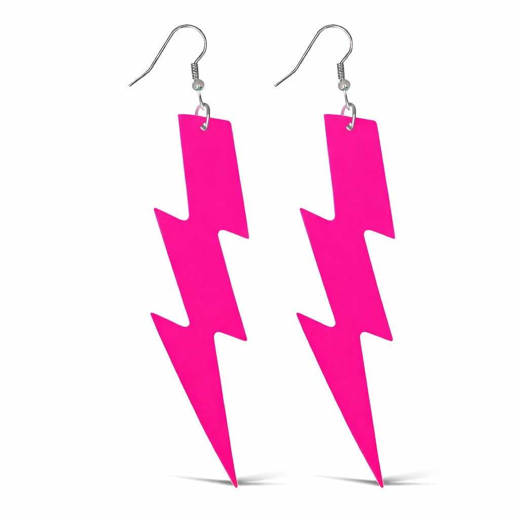 80’ler 90'lar Retro Neon Pembe Şimşek Küpe 10 cm (4887)