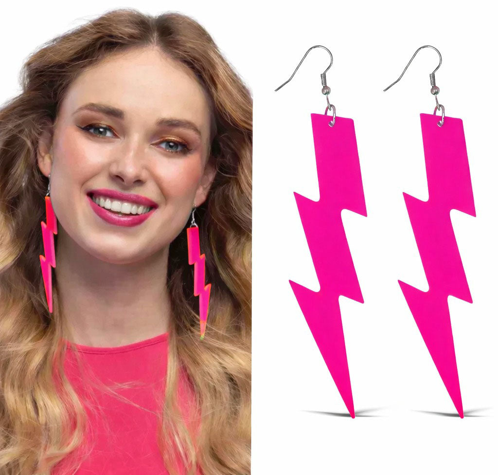 80’ler 90'lar Retro Neon Pembe Şimşek Küpe 10 cm (4887)