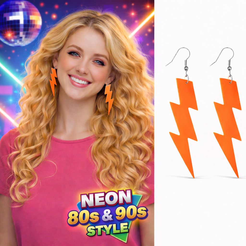 80’ler 90'lar Retro Neon Turuncu Şimşek Küpe 10 cm (4887)