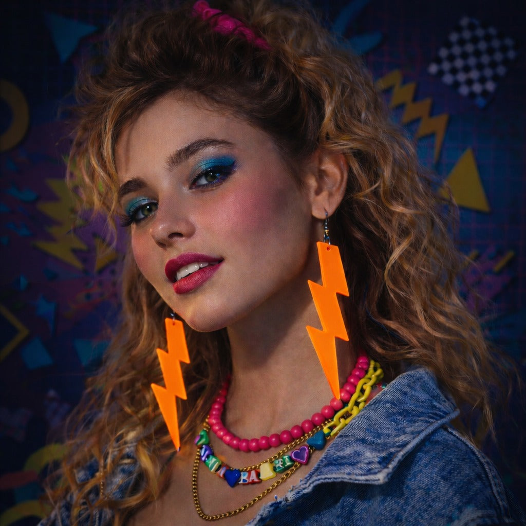 80’ler 90'lar Retro Neon Turuncu Şimşek Küpe 10 cm (4887)