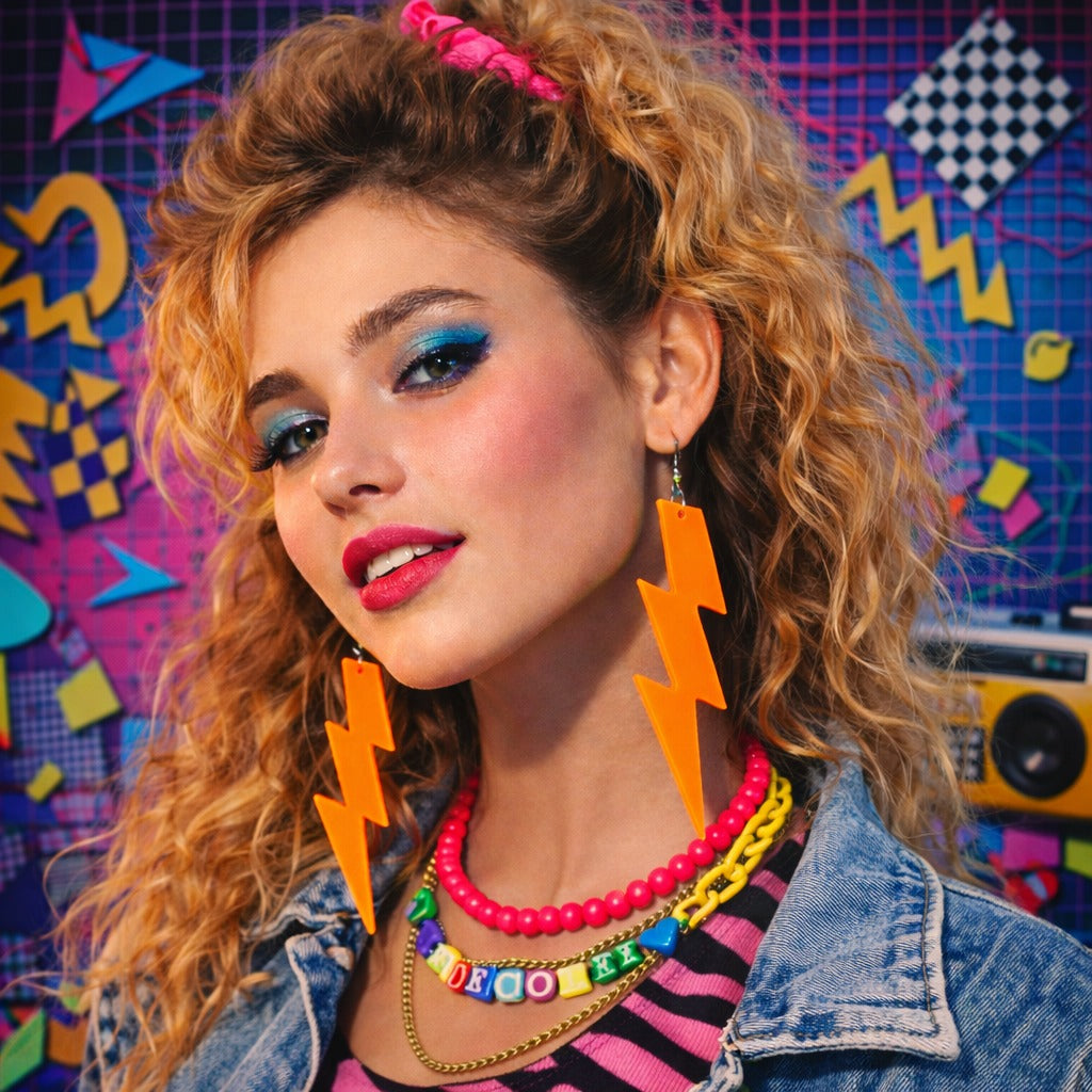 80’ler 90'lar Retro Neon Turuncu Şimşek Küpe 10 cm (4887)